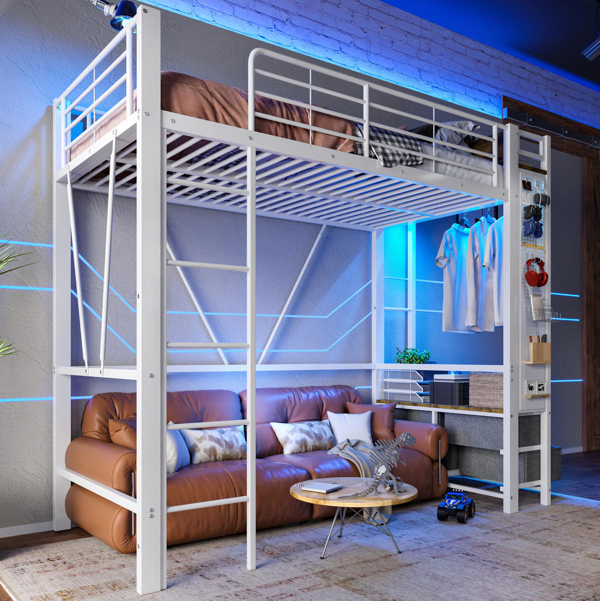 HOCHBETT 90/200 cm in Weiß mit LED-Beleuchtung, Stauraum und USB- und Type-C-Anschlüssen - Weiß, Metall (90/200cm) - Flora Grace