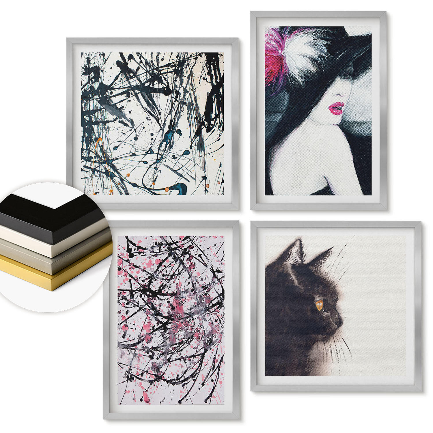 WANDBILDER 4er Set - 50x50 cm & 40x60 cm Silberner Rahmen - Abstrakte Katzenmalereien - Silberfarben, Kunststoff (50/50cm) - ArtPrintCave
