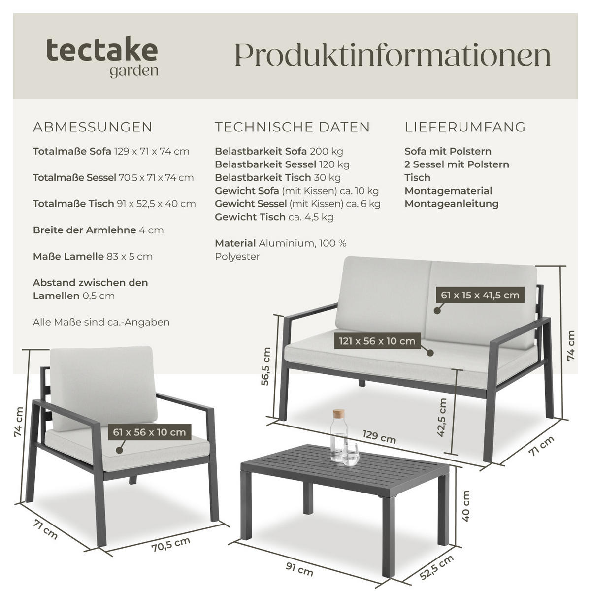 SITZGRUPPE Göteborg,Tisch mit Lamellenmuster,hellgrau - Hellgrau, Kunststoff - tectake