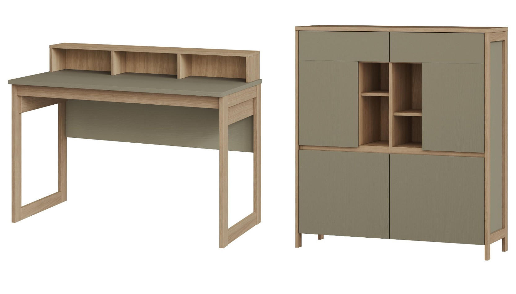 WOHNKOMBINATION Salbei grün, Eiche mit Highboard und Schreibtisch skandinavisch, Soft-Close - Salbeigrün/Eichefarben, Glas/Holzwerkstoff (246/125/60cm) - Furn.Design