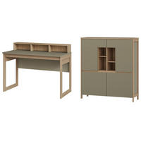 WOHNKOMBINATION Salbei grün, Eiche mit Highboard und Schreibtisch skandinavisch, Soft-Close - Salbeigrün/Eichefarben, Glas/Holzwerkstoff (246/125/60cm) - Furn.Design