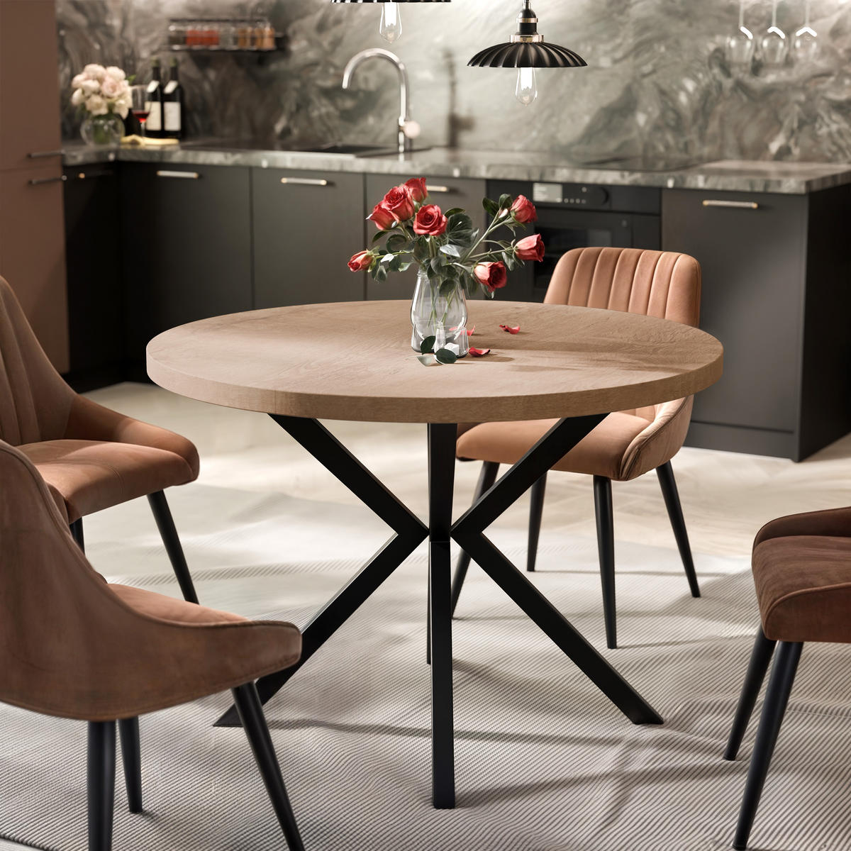 AUSZIEHTISCH MILTON 90-166/76 cm mit Metallgestell, Schwarz / Lefkas-Eiche - Eichefarben/Schwarz, Holzwerkstoff/Metall (90/90/76cm) - Idohome