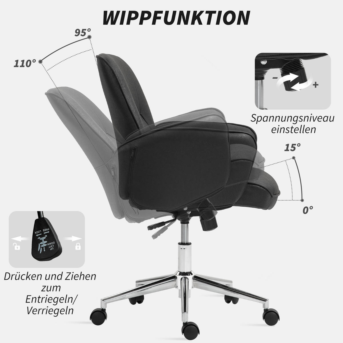BÜROSTUHL Schreibtischstuhl höhenverstellbarer Drehstuhl Mikrofaser Schwarz - Schwarz, Kunststoff (69/102/67cm) - Vinsetto