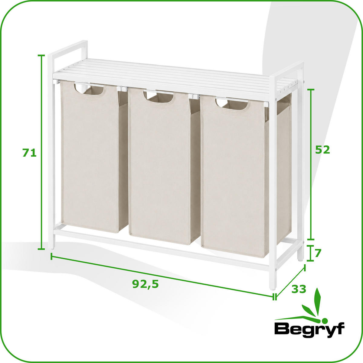 WÄSCHEKORB Metall Stoff MDF Weiß Beige 3 Wäschesäcke 114l 92,5x33x71 cm - Beige/Weiß, Metall (92.5/71/33cm) - Begryf