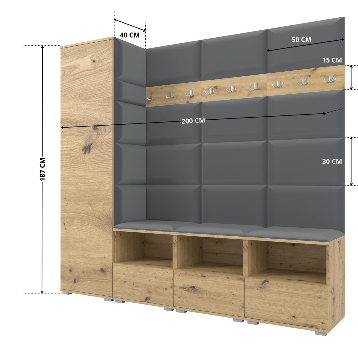 GARDEROBE NELA IX 200 cm (Modulare Flurmöbel Artisan Eiche mit Sitzpolster Dunkelgrau 15 Breite Sitzbank) - Dunkelgrau/Silberfarben, Holz/Holzwerkstoff (200/187/40cm) - Ravio