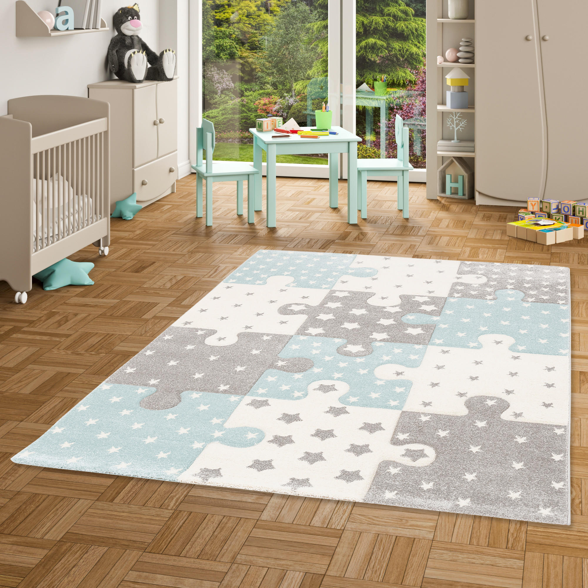 KINDER TEPPICH MAUI KIDS PUZZLE KARO - Blau, Textil (200/290cm) - Pergamon