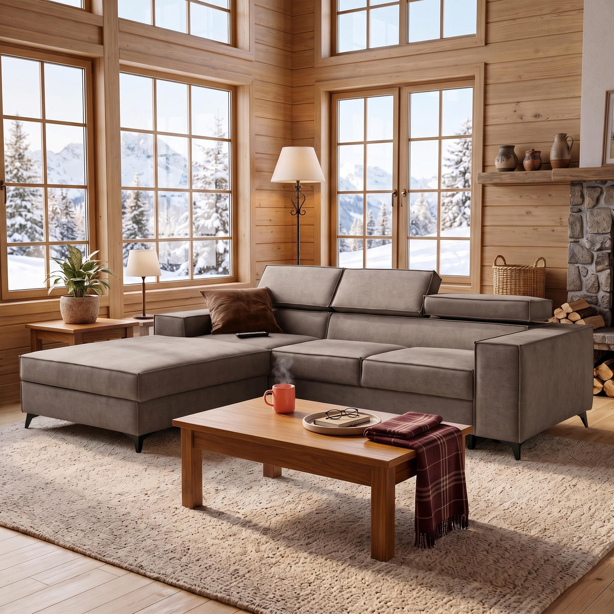 ECKSOFA PURE S Links mit Schlaffunktion 127x215 Velours Beige - Beige/Schwarz, Holz/Textil (281/204cm) - Muffo
