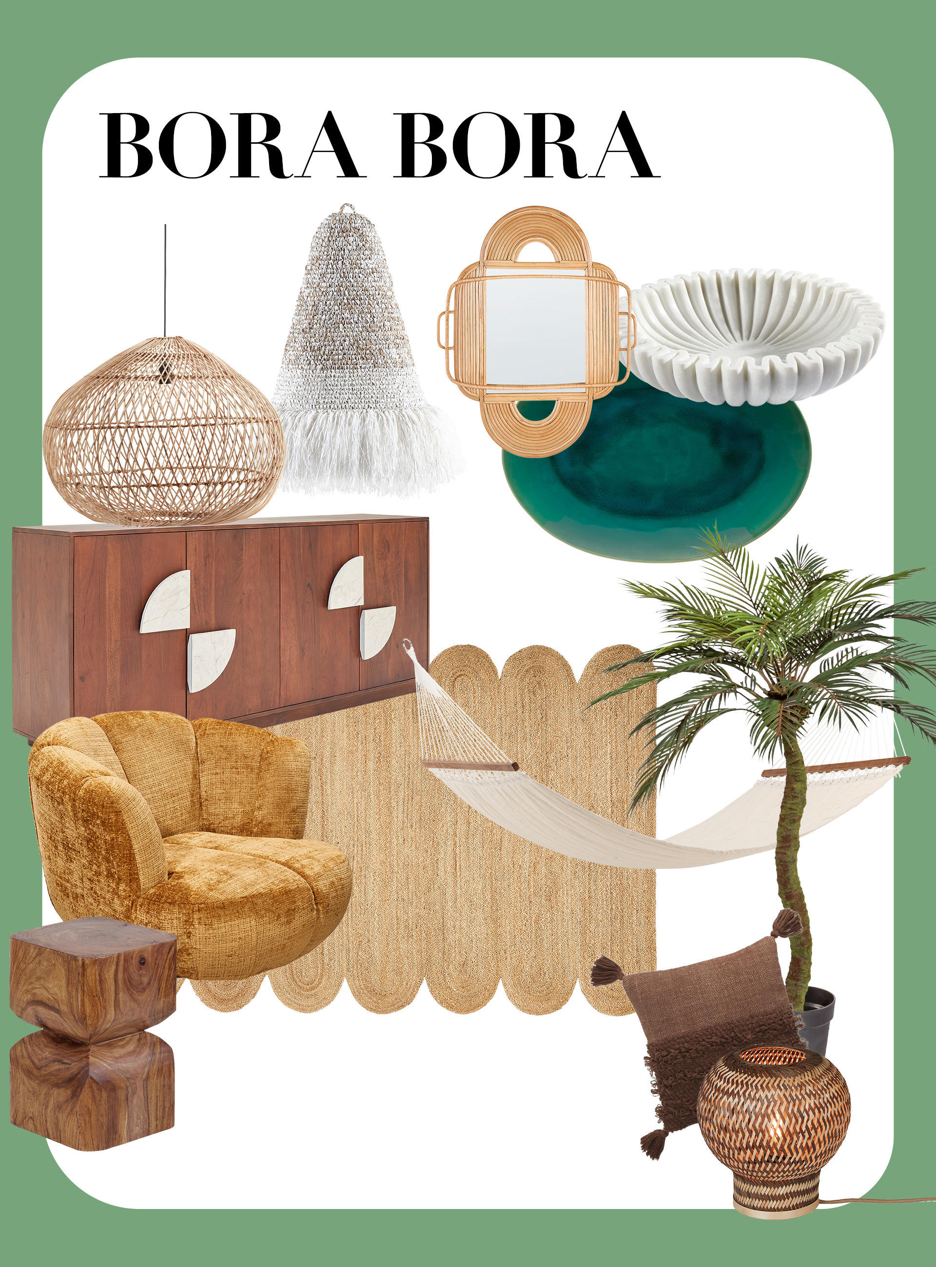 Wohnzimmermöbel und Dekor im Bora Bora Stil mit Rattanlampe, hängendem Korb, Holzkommode, gelbem Sessel, Hängematte, Palmenpflanze und dekorativen Kissen.