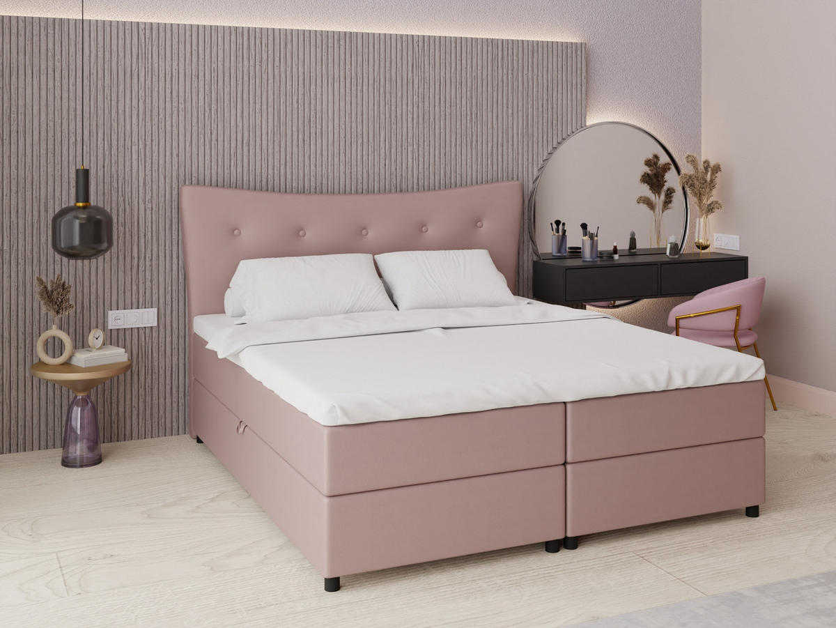 BOXBETT Nevada 180 x 200 cm Doppelbett mit hochwertiger Bonell-Matratze und Topper - rosa - Rosa, Holz (180/200cm) - Panda Möbel