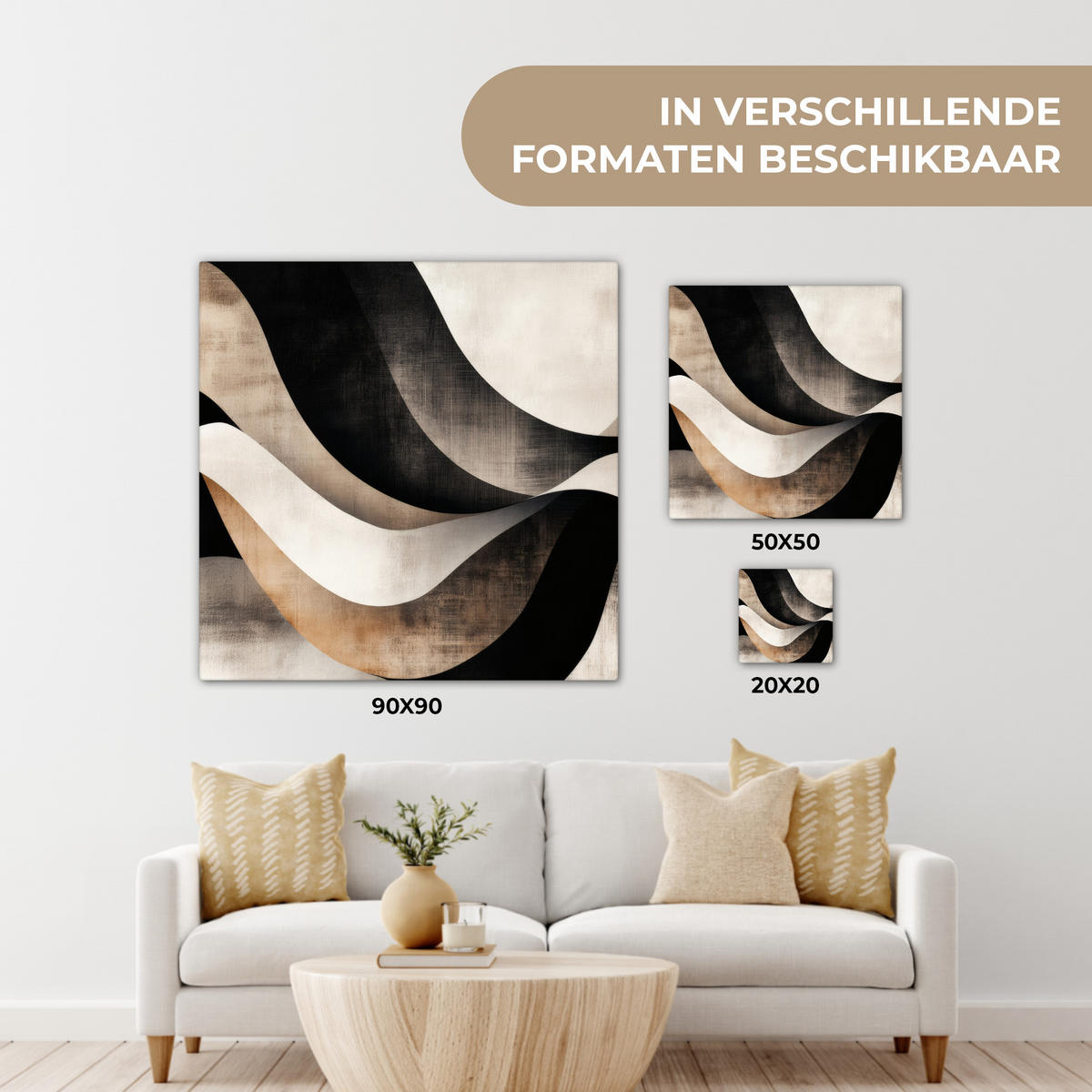 LEINWANDBILD Abstrakt - Wellen - Schwarz - Verwittert Wandbild Wohnzimmer 50x50 cm - Trüffeleichefarben, Textil (50/50cm) - MuchoWow