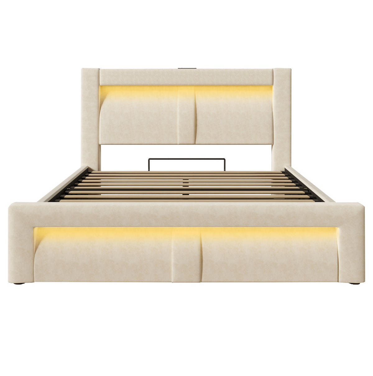 BETT mit Stauraum & LED 140x200 cm Samt Beige inkl. Matratze - Beige, Metall (140/200cm) - Meubliv