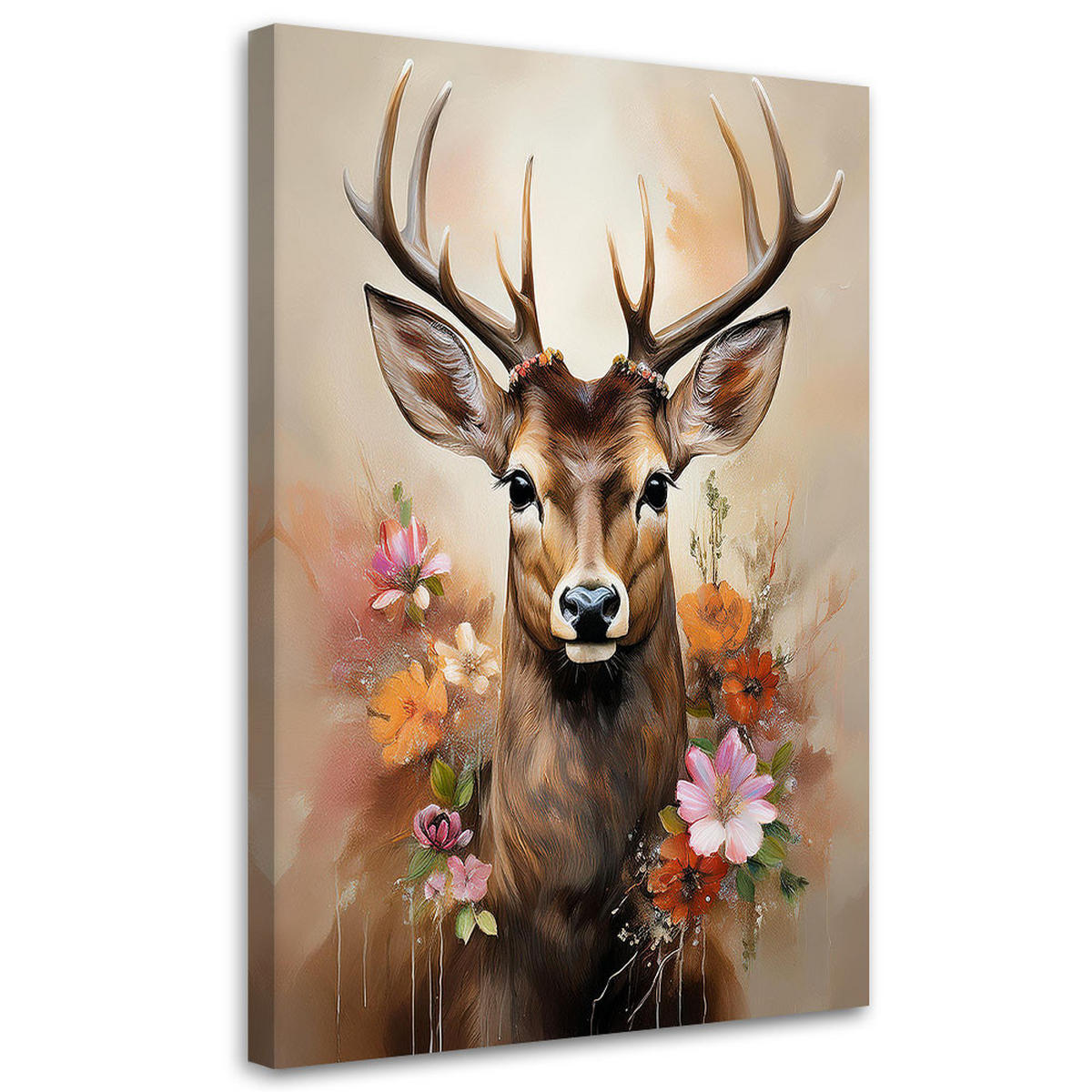 WANDBILD hirsch blumen tiere vintage - Braun, Textil (40/60cm) - Feeby