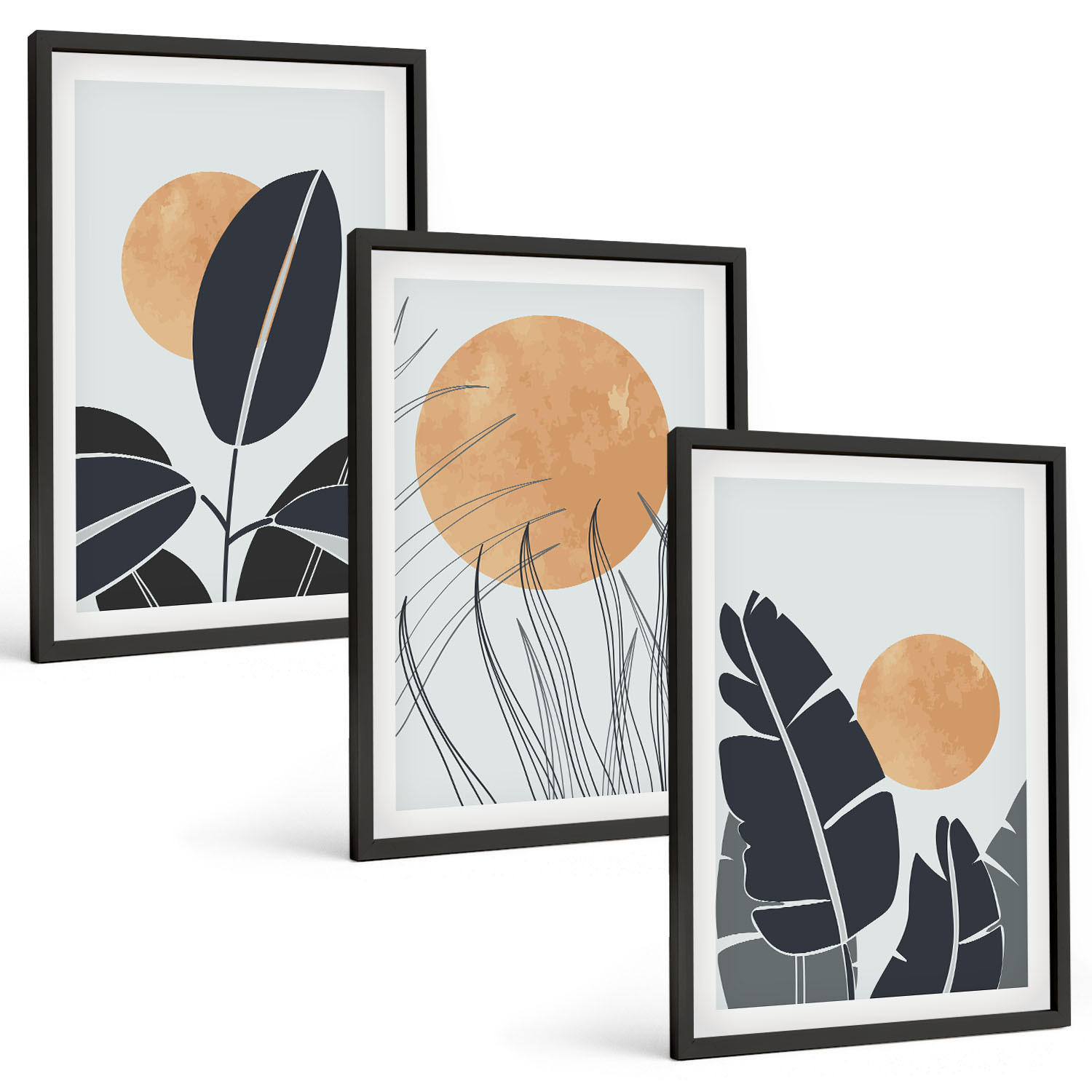 BILDER SET 3er Set - 40x60 cm Schwarzer Rahmen - Pflanzenmuster große Sonnen minimalistisch - Schwarz, Kunststoff (40/60cm) - TULUP