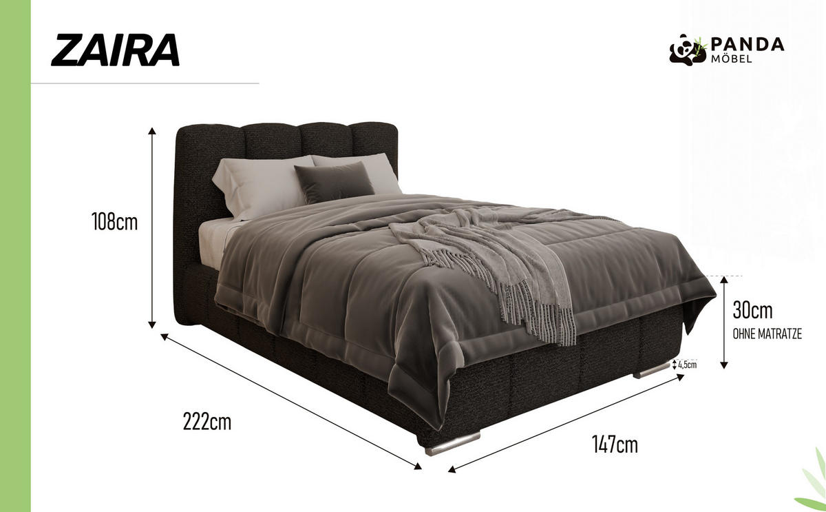 POLSTERBETT ZAIRA 120 x 200 cm mit Bettkasten und Lattenrost, 7-Zonen-Taschenfederkernmatratratze CIRA (24 cm) – Graphit - Schwarz, Holz (120/200cm) - Panda Möbel