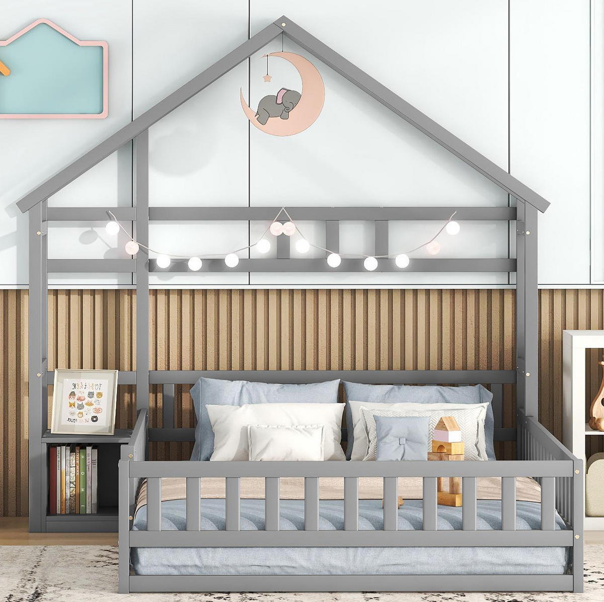 HAUSBETT 140/200 cm Grau mit Nachttisch und Geländer - Grau, Holz (140/200cm) - MIVRAY