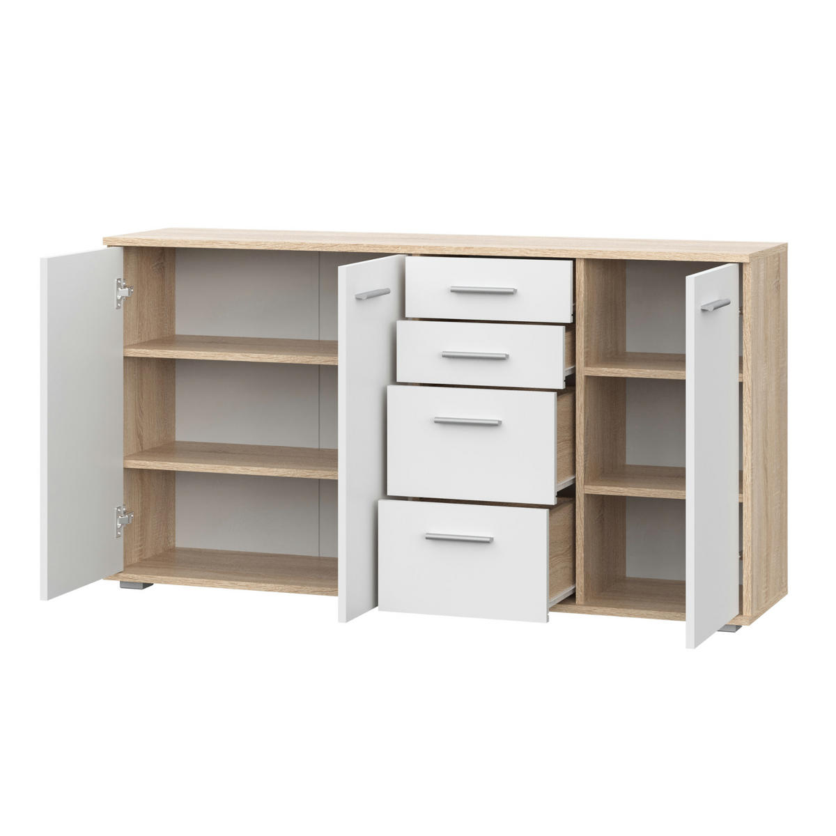 SIDEBOARD FAUSKE KOM3-3D4S Schubladen Eiche Sonoma Weiß - Silberfarben/Weiß, Holzwerkstoff/Kunststoff (138/74/34cm) - Komodee
