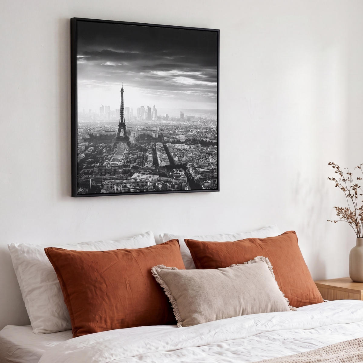 LEINWAND Bilder mit Rahmen - Paris - Skyline - Eiffelturm - Stadt - Wolken - 50x50 - Dunkelgrau, Textil (50/50cm) - MuchoWow