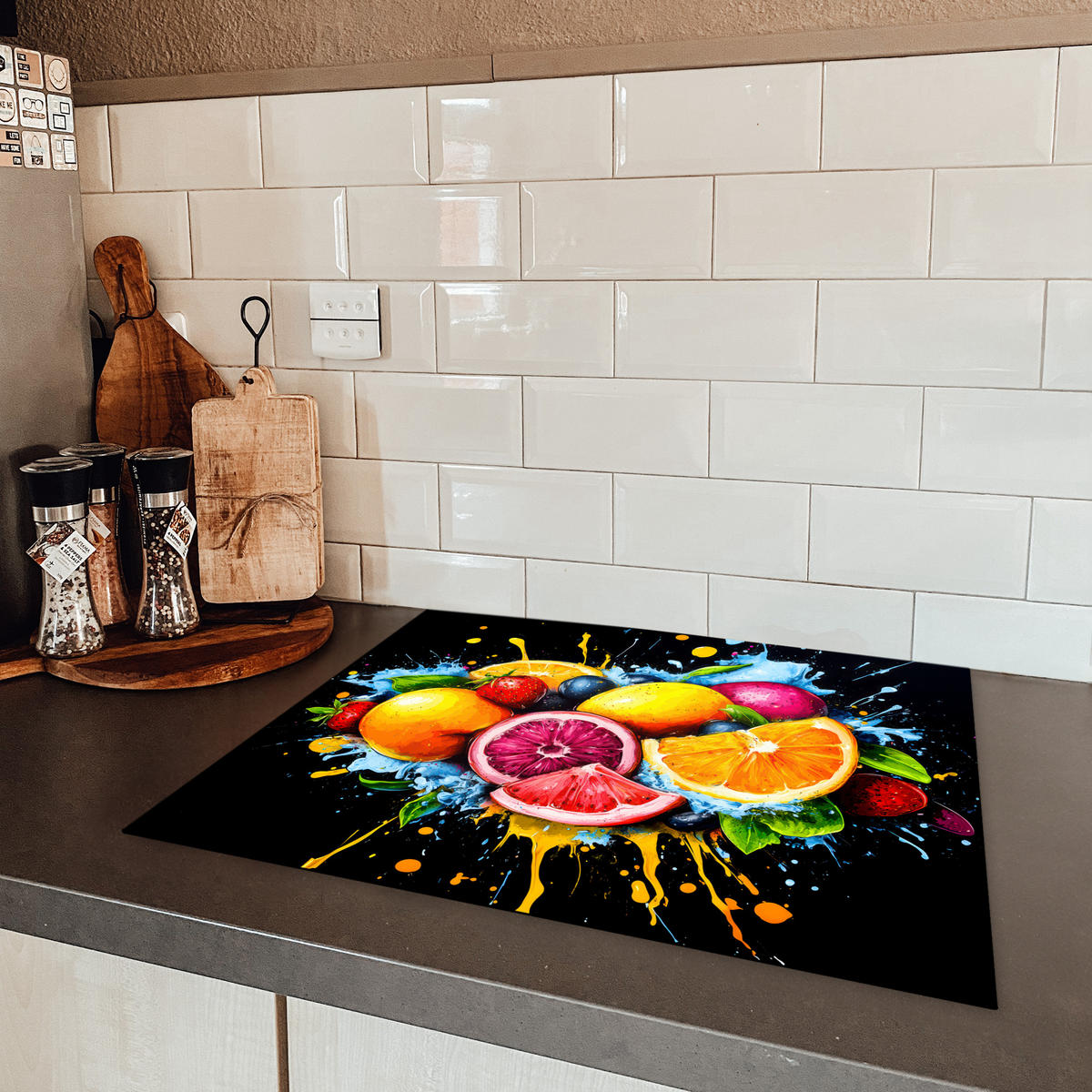 HERDABDECKPLATTE Obst - Graffiti - Bunt - Orange - Erdbeere - Abstrakt 65x52 cm - Orange, Kunststoff (65/52/0.2cm) - MuchoWow