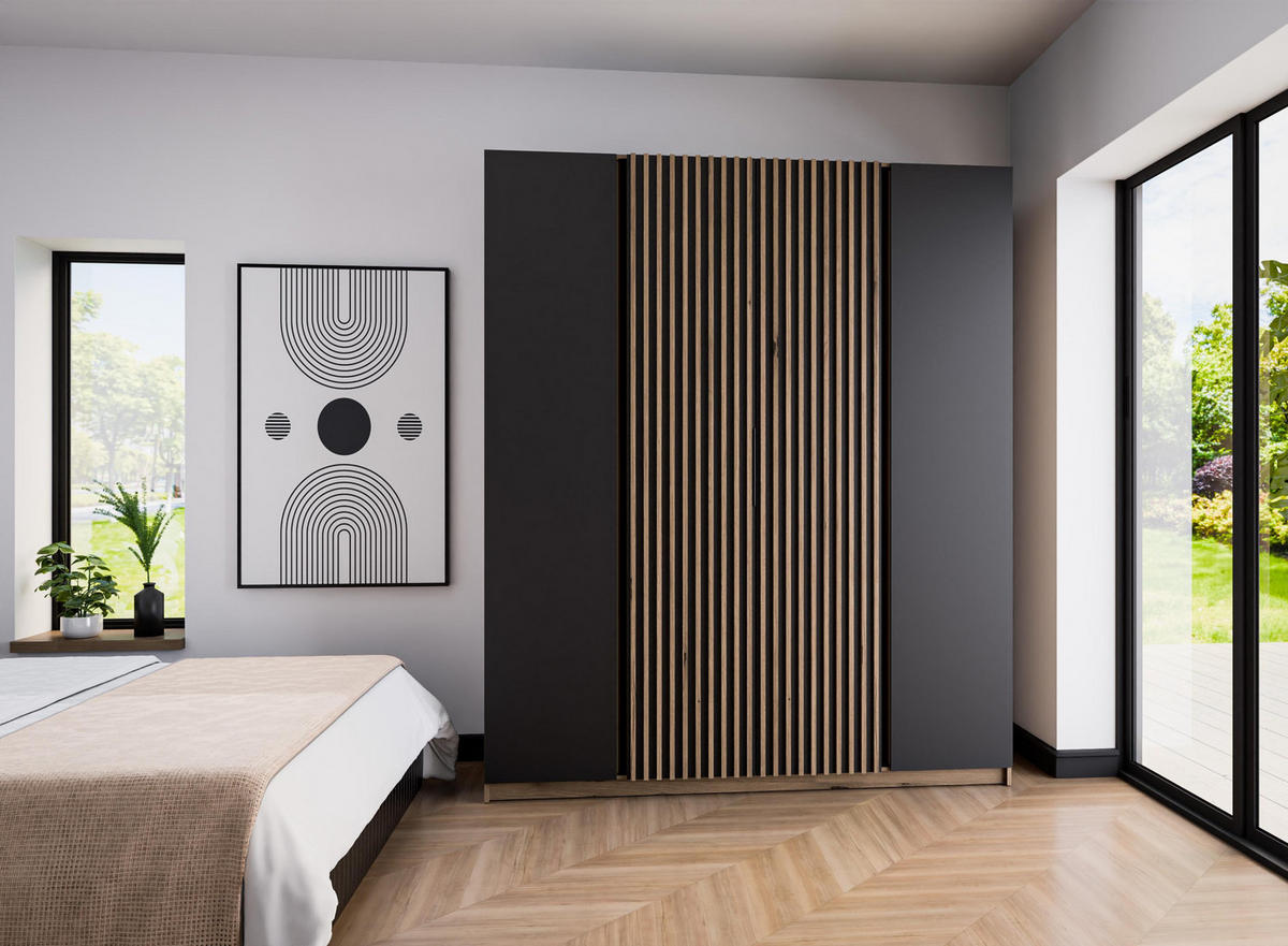 KLEIDERSCHRANK Nehir Korpus Eiche Evoke, Front Schwarz/Eiche Evoke 200 cm - 4T Modern mit 2 Lamellentüren mittig - Eichefarben/Schwarz, Holzwerkstoff/Kunststoff (200/239/61.9cm) - AX Living