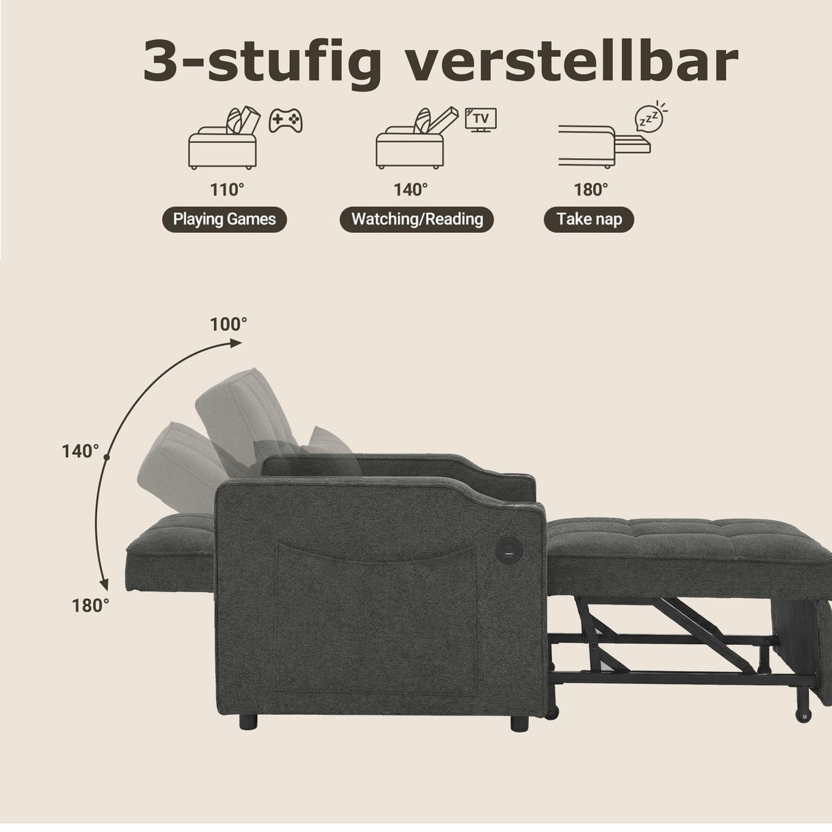 RELAXSESSEL 190/85/86 cm Dunkelgrau mit USB-/Typ-C-Anschluss und Seitentasche - Dunkelgrau, Textil (190/86/85cm) - Oxeza