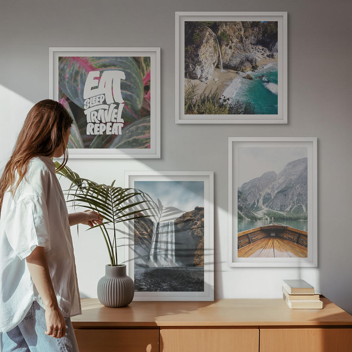 WANDBILDER 4er-Set - 50x50 cm & 40x60 cm Weißer Rahmen - Wasserfall Bergreise Natur - Weiß, Kunststoff (50/50cm) - ArtPrintCave