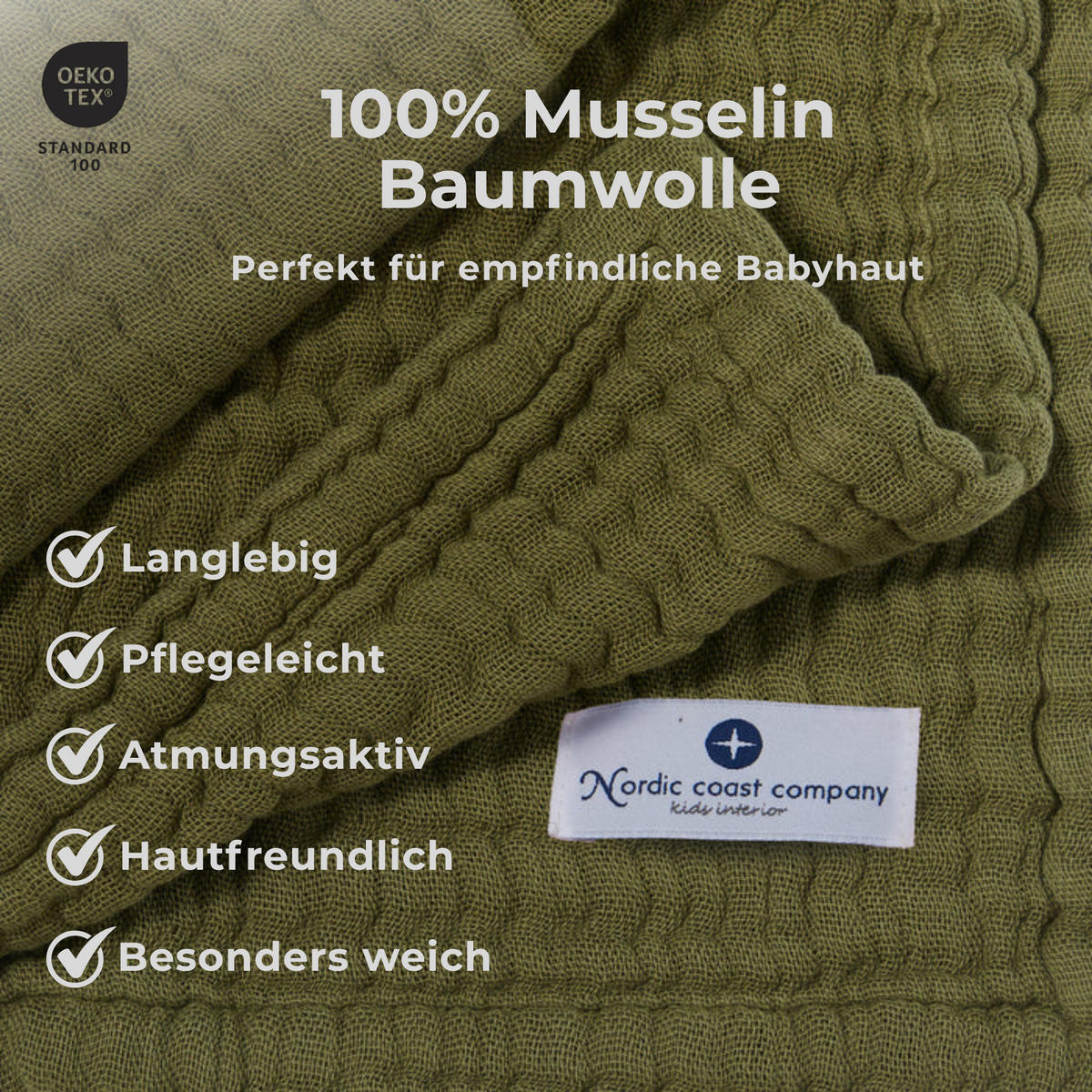 MUSSELINDECKE Babydecke Stilltuch Einschlagdecke Säuglingsdecke Mulltuch ab Geburt - Olivgrün, Textil (80/80cm) - nordic coast company