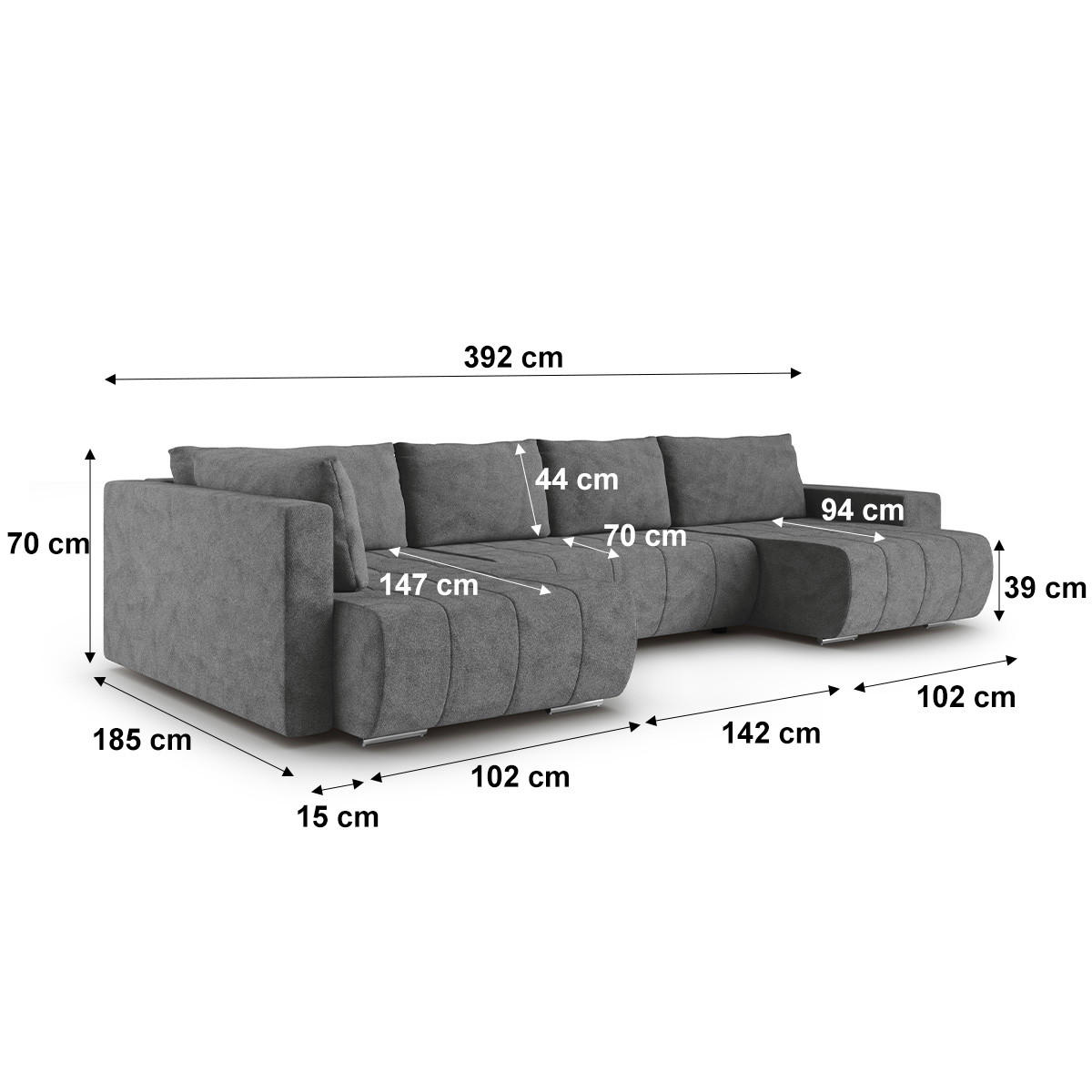 PANORAMASOFA Sergio 5 Sitzplätze Dunkelgrau - Grau, Holz (392/82/185cm) - Petits-meubles