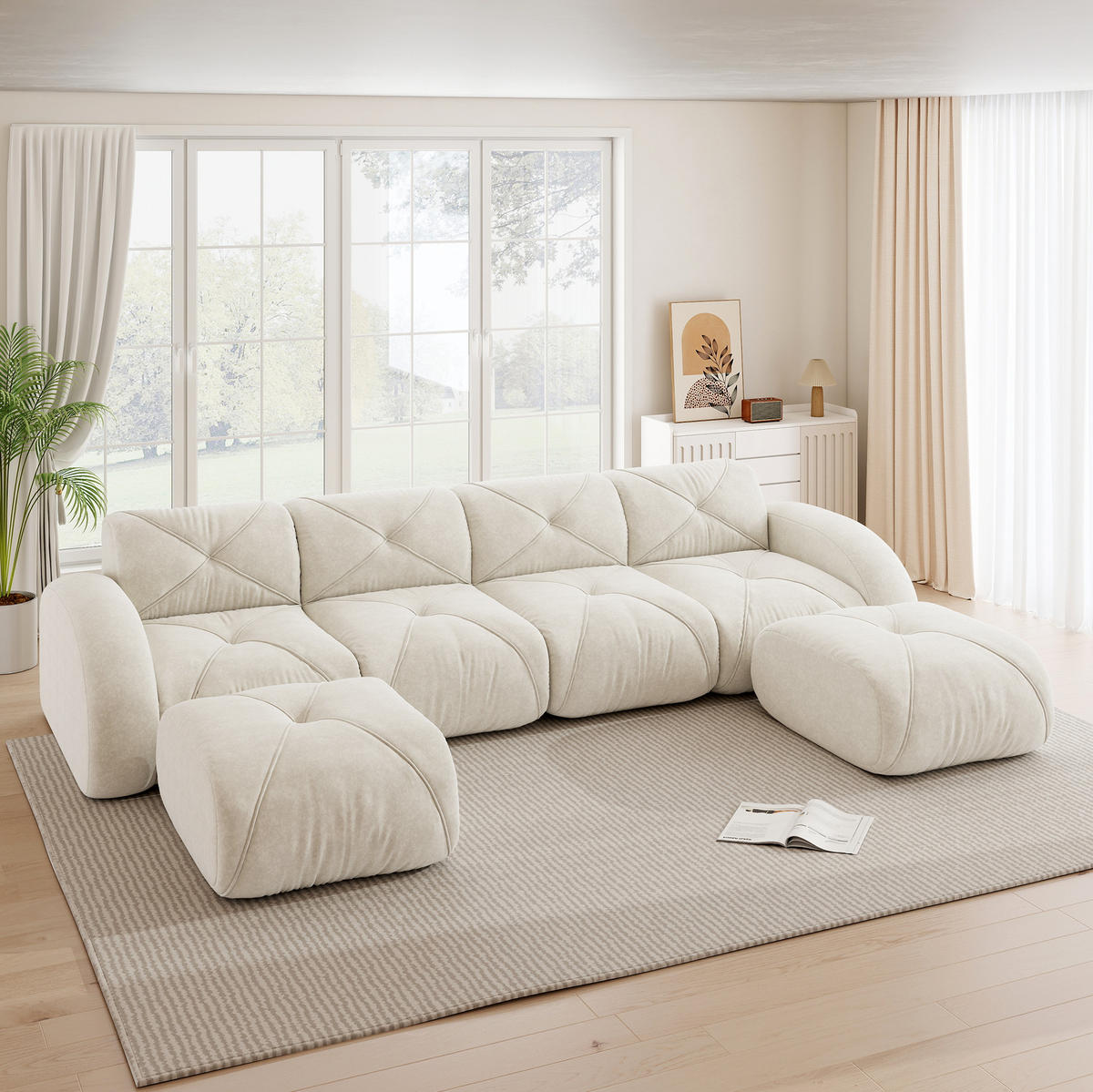 SOFA U-Form 4-Sitzer Chenille White mit 2 Hockern - Weiß, Kunststoff (171/76/358.1cm) - Meubliv