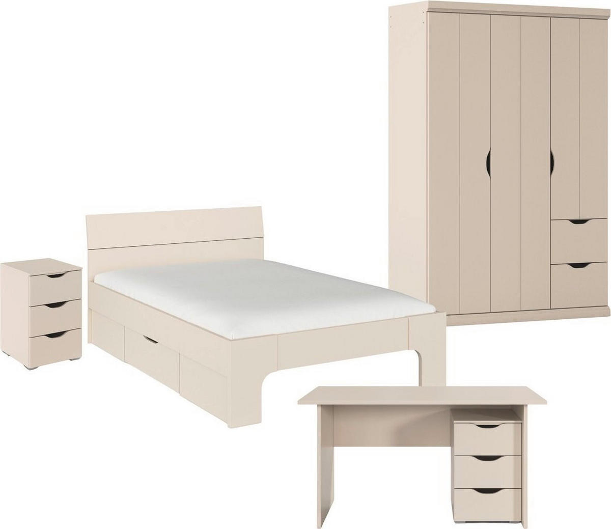 JUGENDZIMMER Frieda in Beige 5-teilig mit 3 türigem Kleiderschrank mit Schubkästen, 140er Jugendbett, Nachttisch, Schreibtisch mit Container - Beige, Holzwerkstoff (80/200/120cm)