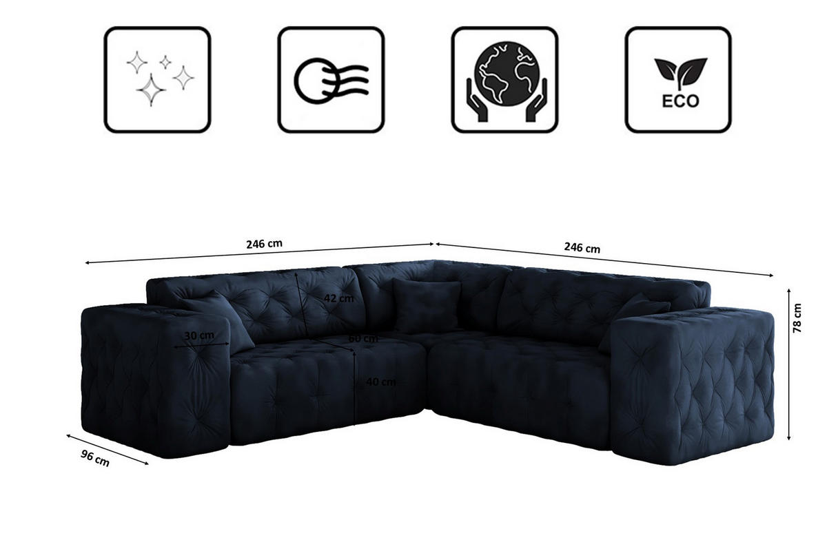 CORNER LUX, Gesteppt, Stoff Whisper, Blau - Blau, Holz/Textil (246/246cm) - Kaiser Möbel
