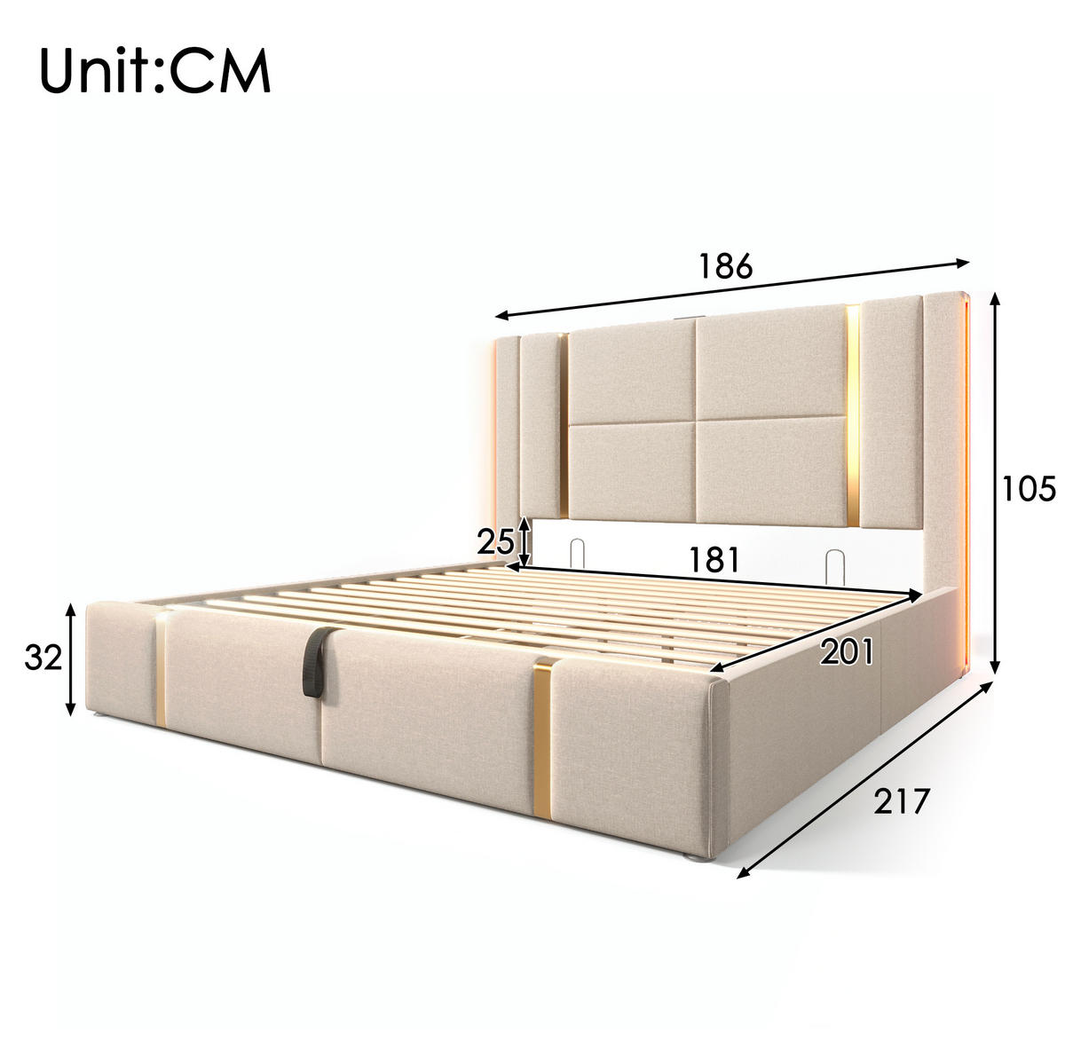 POLSTERBETT 180/200 cm Beige mit USB- und Type-C-Anschlüssen und LED-Beleuchtung - Beige, Textil (180/200cm) - OKWISH