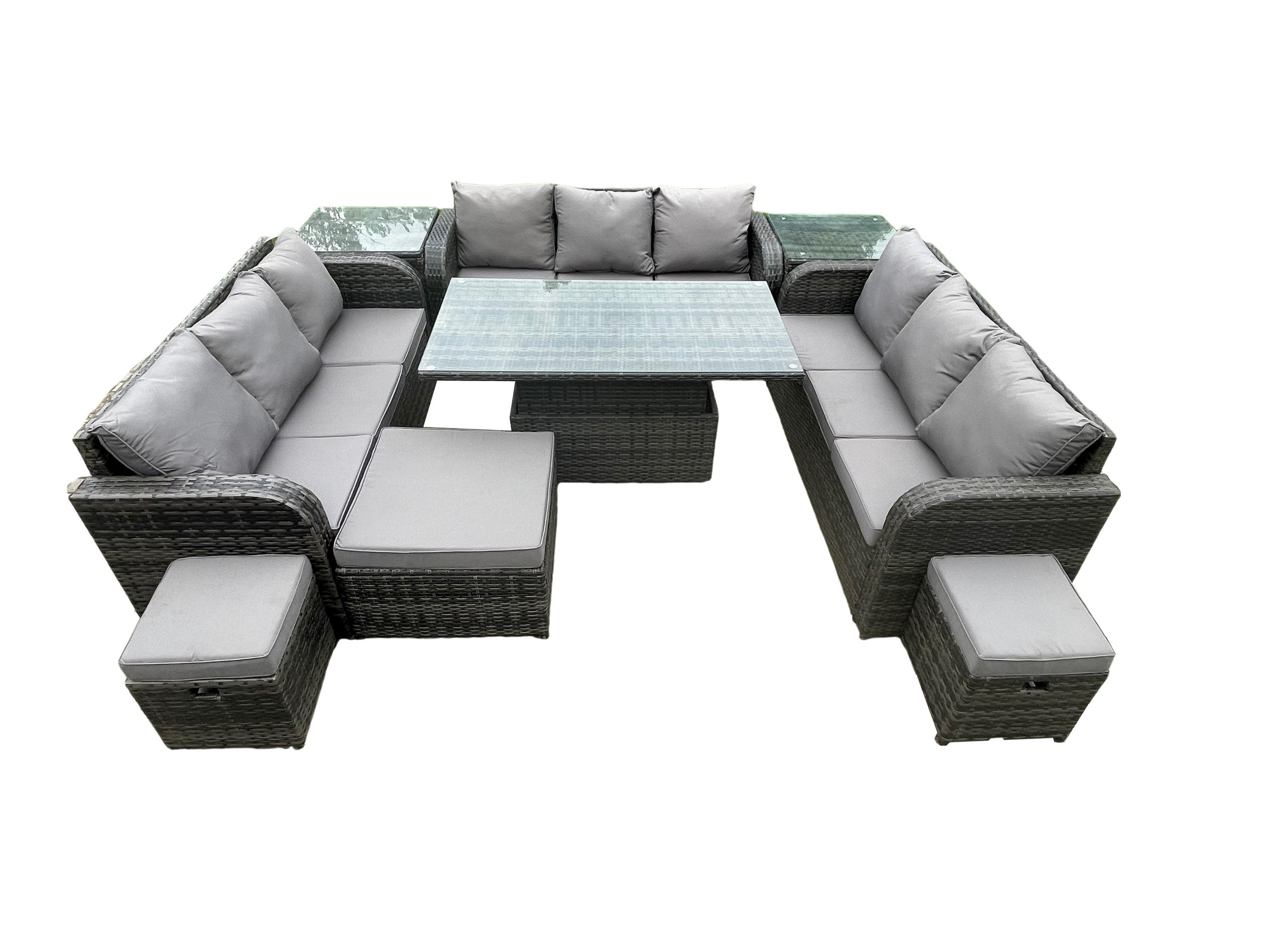 GARTENSOFA SET Polyrattan 12-Sitzer - Dunkelgrau/Grau, Glas/Kunststoff - Fimous