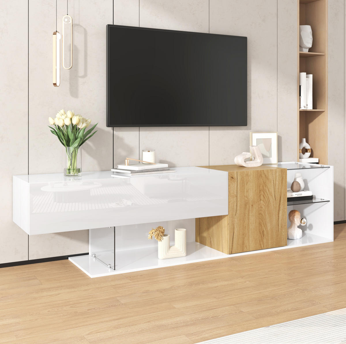 TV-LOWBOARD aus Spanplatte 180x38x48 cm Weiß/Natur mit Glasregalen und Stauraum - Weiß, Holzwerkstoff (180/48/38cm) - IVMEU