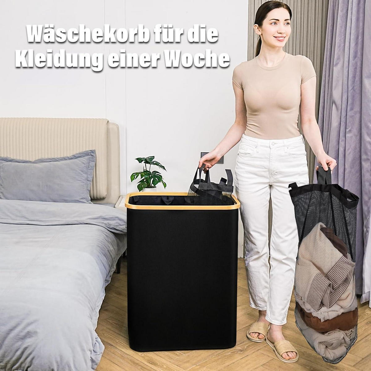 WÄSCHEKORB mit Deckel 160L 3 Fächer Schwarz - Schwarz, Textil (37/74/57cm)