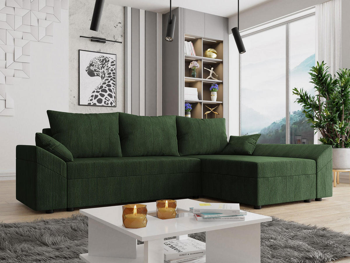 ECKSOFA Dante L Cord - Schwarz/Grün, Holz/Kunststoff (240/140cm) - MIRJAN24