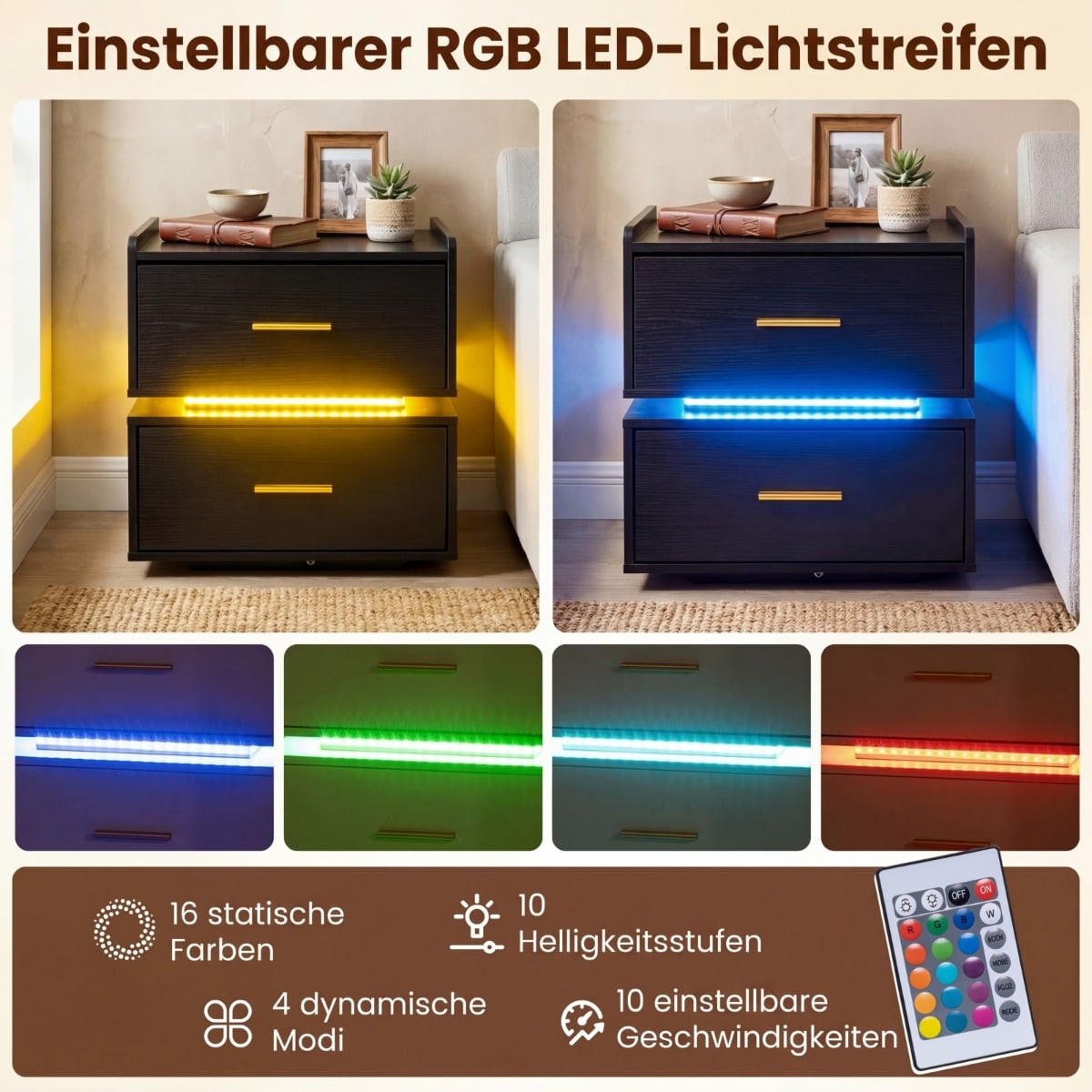 NACHTTISCH mit LED-Ladestation, 2 Schubladen, halb-schwebendes Design, Metallfuß, Schwarz/Weiß - Multicolor/Schwarz, Holzwerkstoff/Metall (45/48/40cm) - DESIGN IN