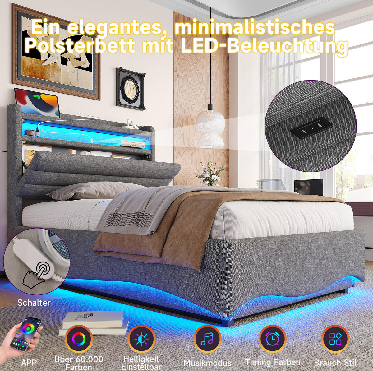 ČALÚNENÁ posteľ z ľanovej tkaniny 90x200 cm sivá s LED osvetlením, hydraulickým úložným priestorom a USB-C - sivá, textil (90/200cm) - Modfu