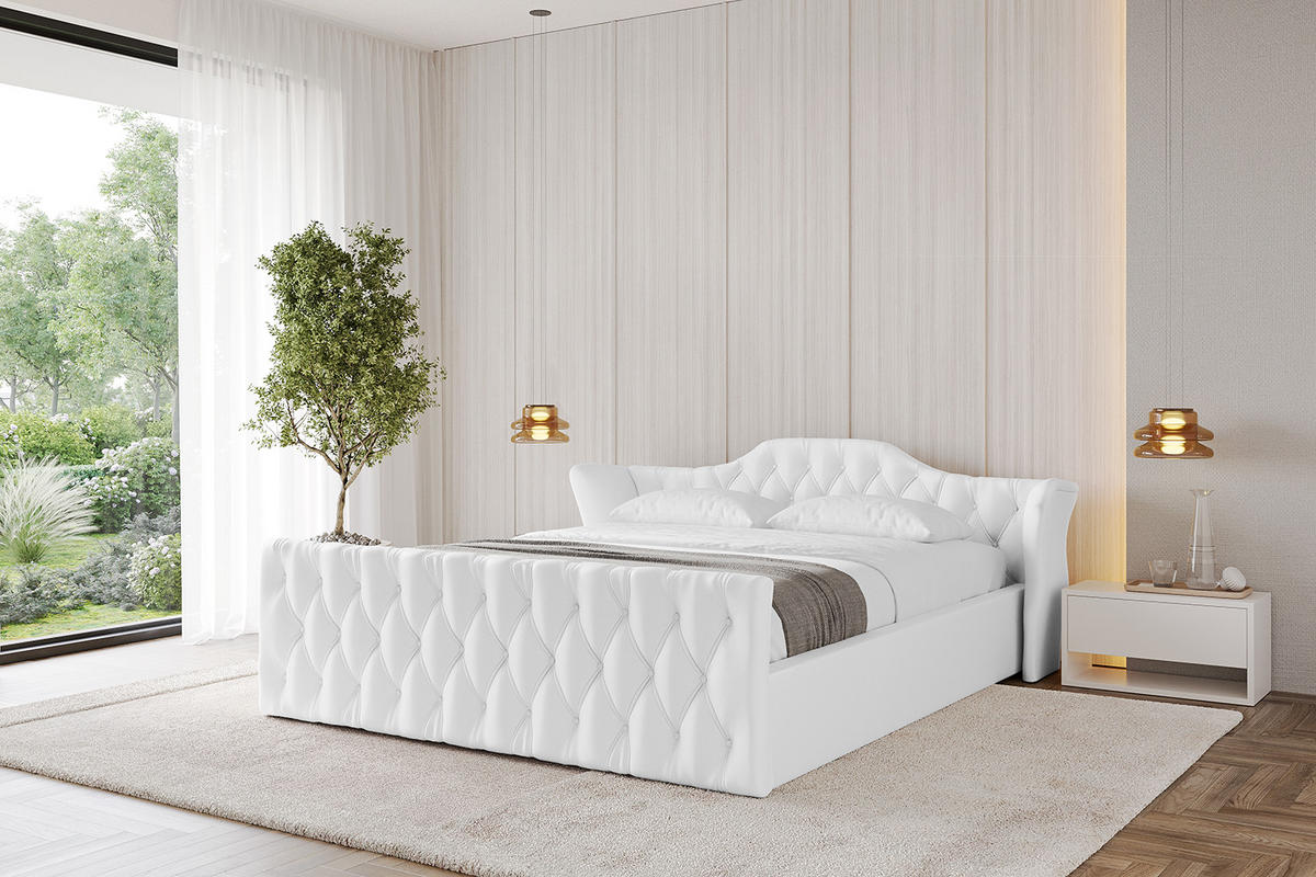 POLSTERBETT mit Bettkasten, Fußteil und Lattenrost, Boxbett mit Matratze H3/H4 - ZORAN-Z-V1 140x200 Weiß Kunstleder - Weiß Hochglanz, Holzwerkstoff/Textil (140/200cm) - ALTDECOR
