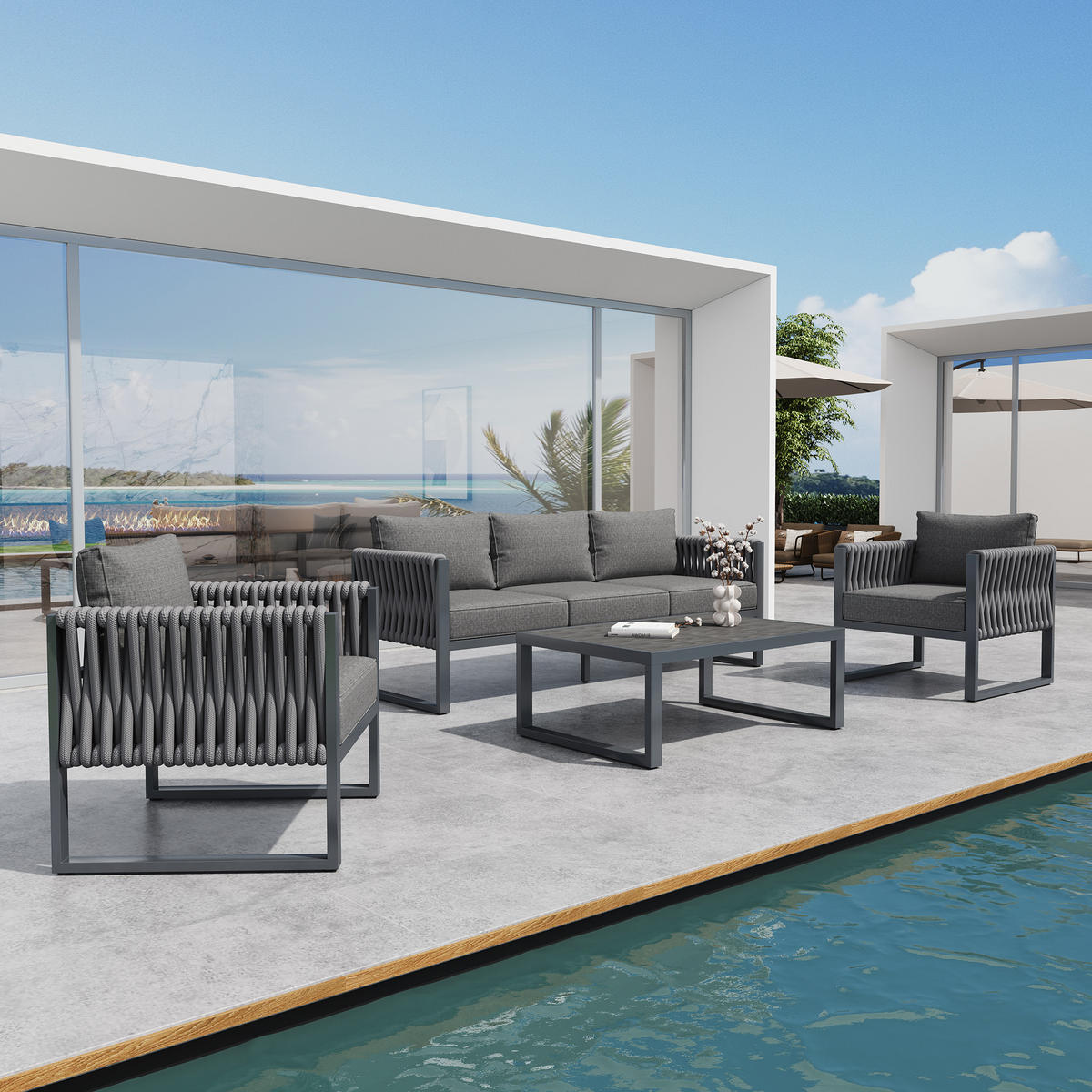 GARTENSET 5-Sitzer Grau Mit Verstellbaren Füßen & Metallgestell - Grau, Metall - FLIEKS