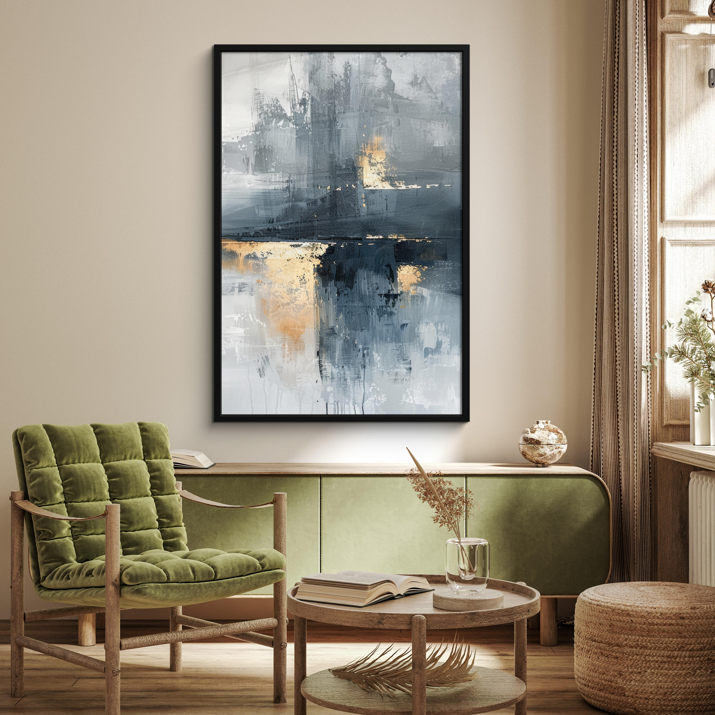 GERAHMTES BILD Kunst - Grau - Gold - Abstrakt 80x120 cm - Dunkelgrau, Papier (80/120cm) - MuchoWow