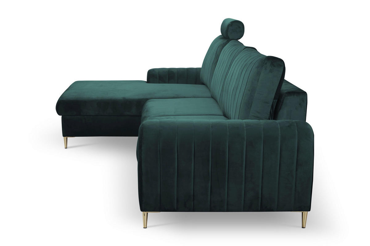 ECKSOFA VERONA L-S Grün Velours-Stoff mit Schlaffunktion - Grün, Holz (251/164cm) - MASSENO