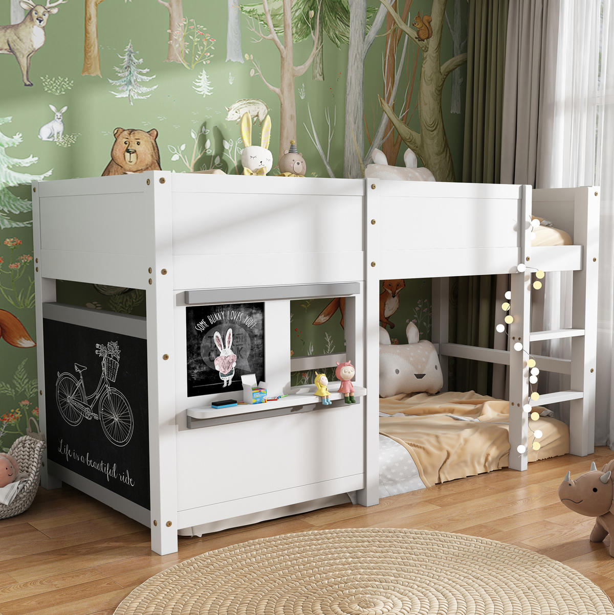 KINDERBETT aus Kiefernholz 90x200 cm Weiß mit Tafel, Ablage und Treppe - Weiß, Holzwerkstoff (90/200cm) - IVMEU