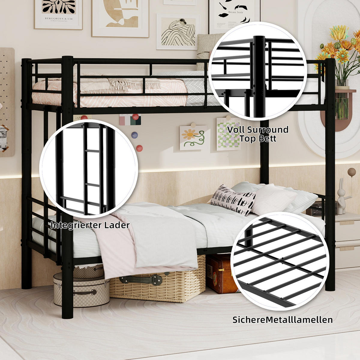 ETAGENBETT 90/190 mit Trennfunktion, Leiter und Geländern in Schwarz - Schwarz, Holzwerkstoff (90/190cm) - EVRYAE