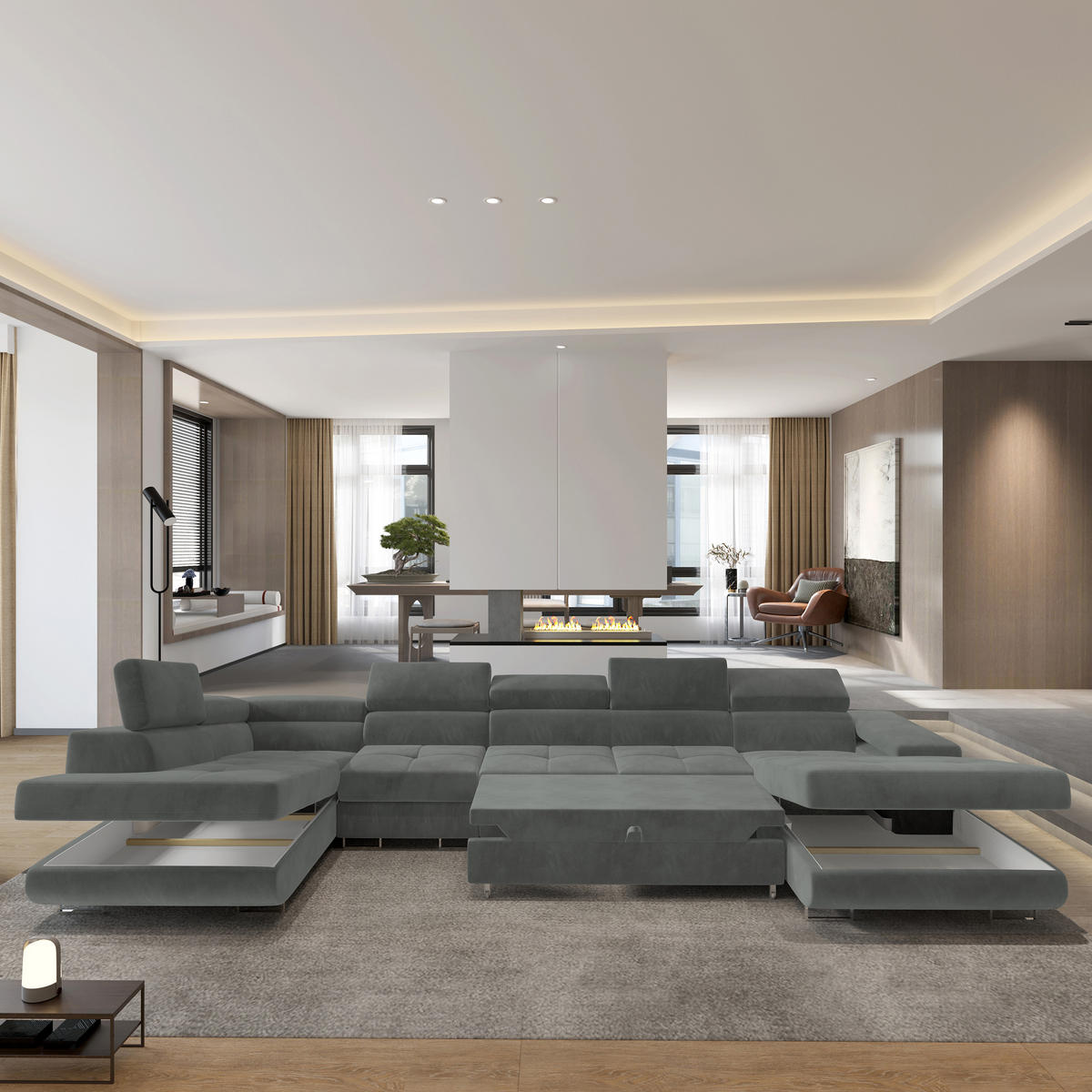 WOHNLANDSCHAFT VELORA L-S Grau Velours-Stoff mit Schlaffunktion - Grau, Holz (419/90/202cm) - MASSENO