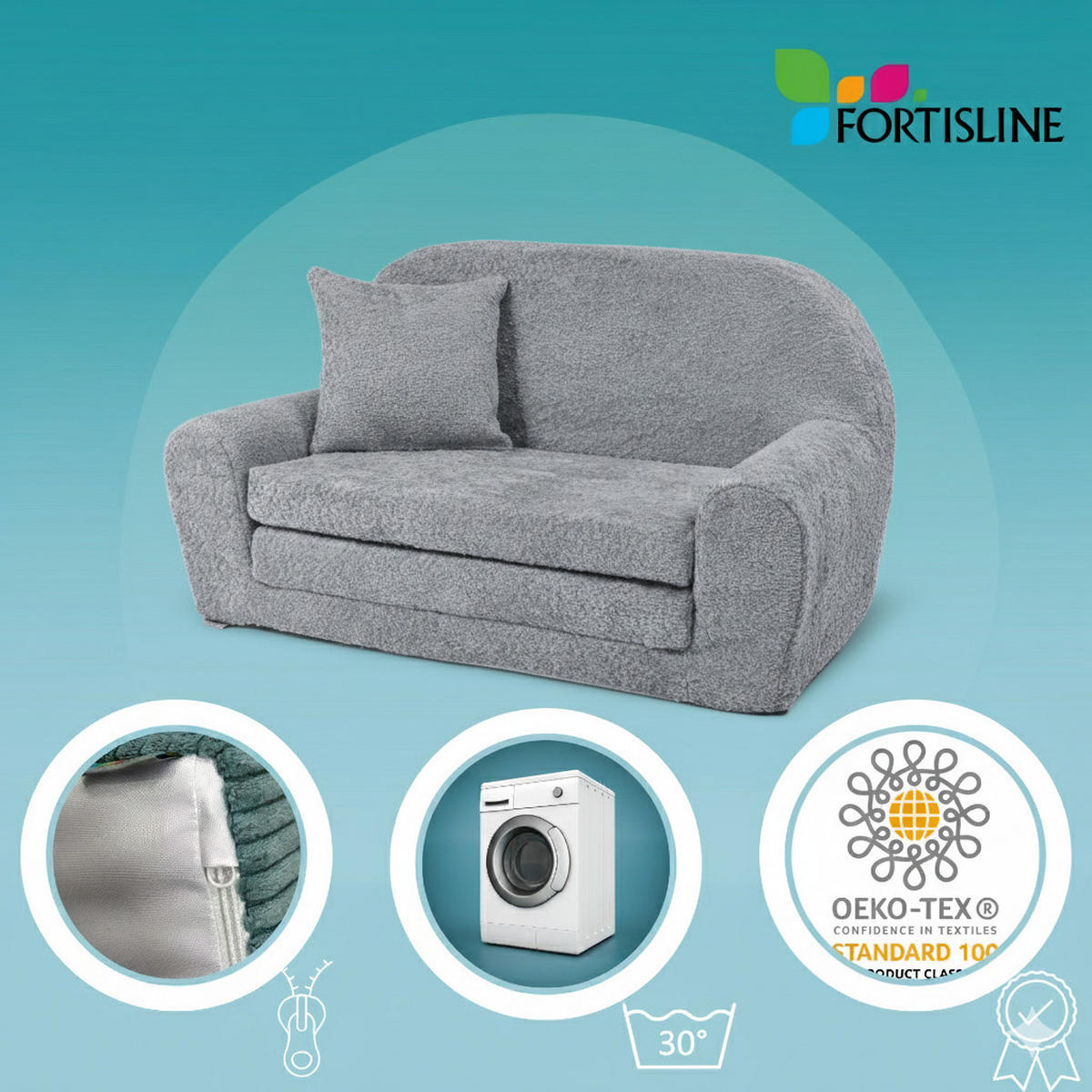 MINI-SOFA David - Ausklappbares Kindersofa aus Teddystoff in schwarz - Schwarz, Textil (78/45/40cm) - Fortisline