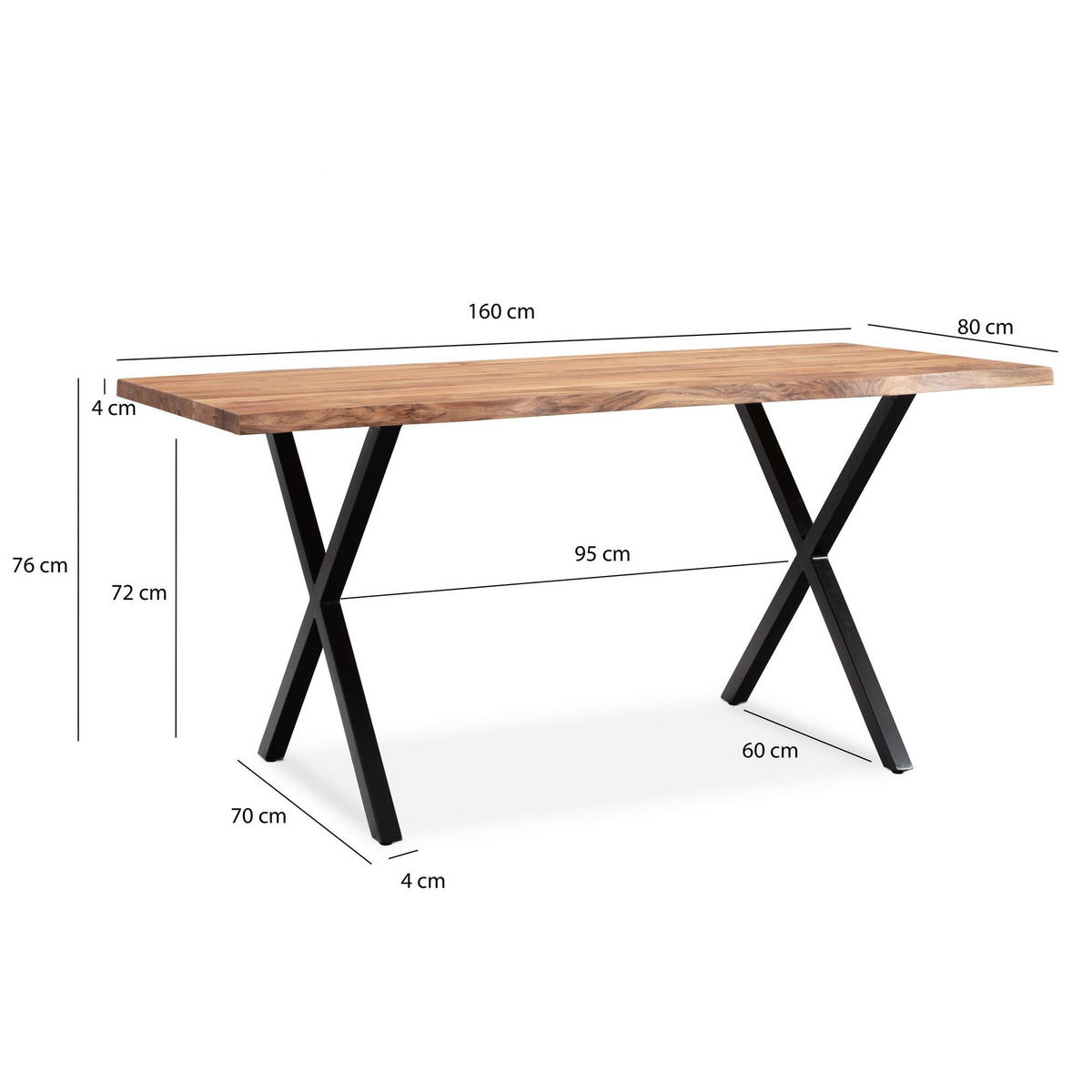 ESSTISCH Massivholz Metall X-Gestell Baumkante Industrial KRETA, Goldbraun-Schwarz 160x80x76 cm - Schwarz/Braun, Holz/Metall (80/160/76cm) - KADIMA DESIGN