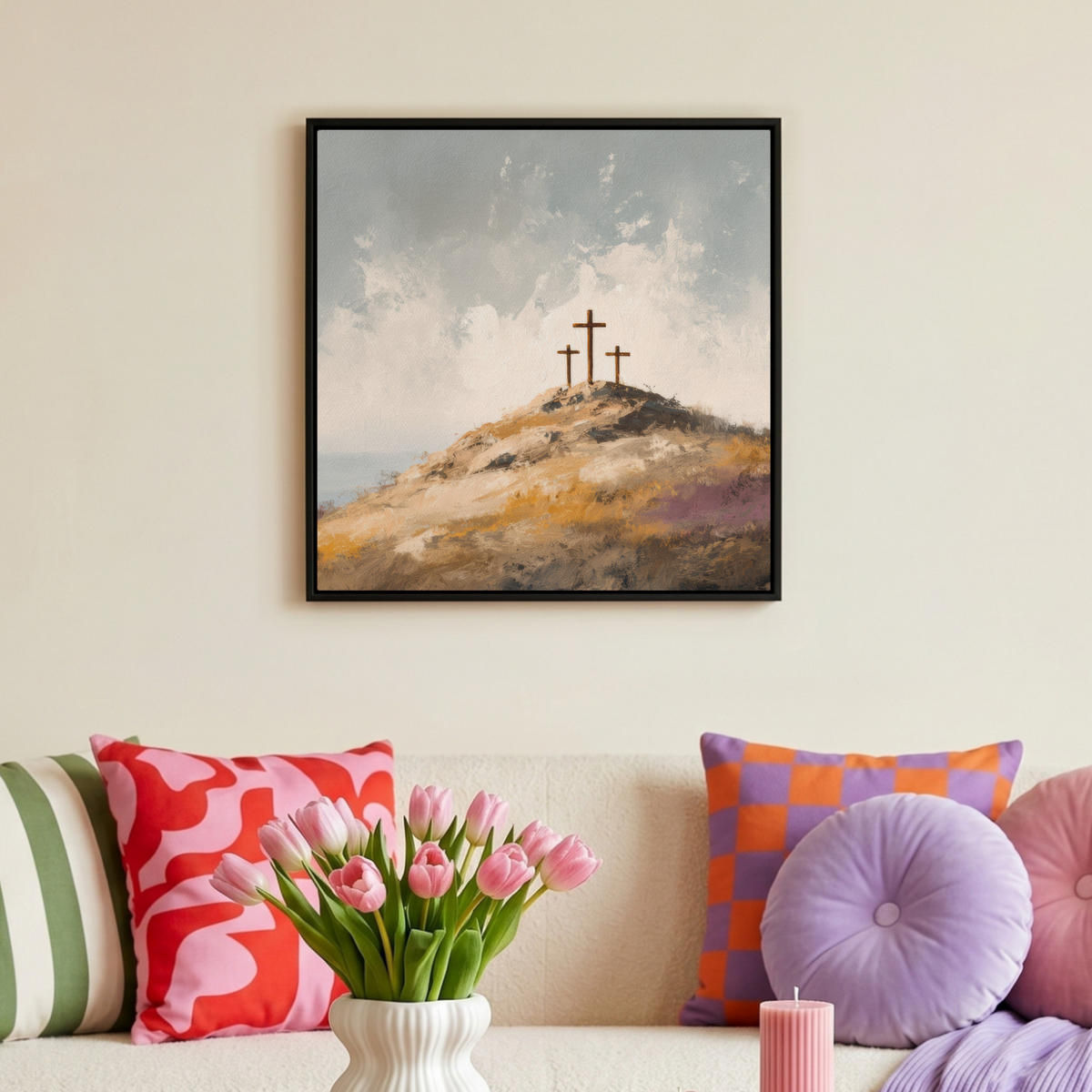 LEINWAND Bilder mit Rahmen - Hügel - Abstrakt - Christentum - Kreuz - 50x50 - Hellgrau, Textil (50/50cm) - MuchoWow