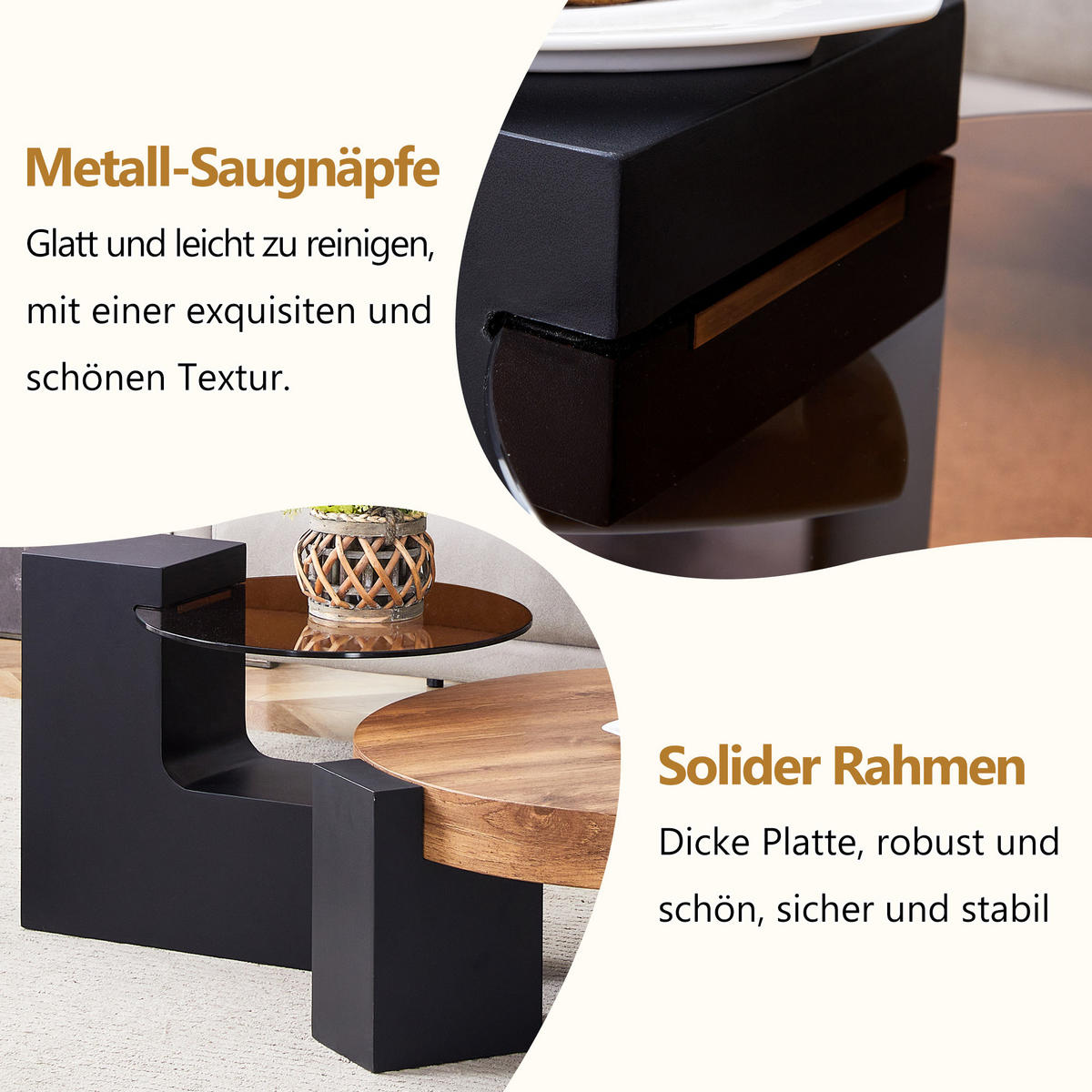 COUCHTISCH in Schwarz und Naturfarbe 2er-Set Couchtisch-Kombination für Wohnzimmer, B44/T62/H44 cm, Ø61/H30 cm - Schwarz/Naturfarben, Glas/Holzwerkstoff (61/61/30cm) - STILVORA