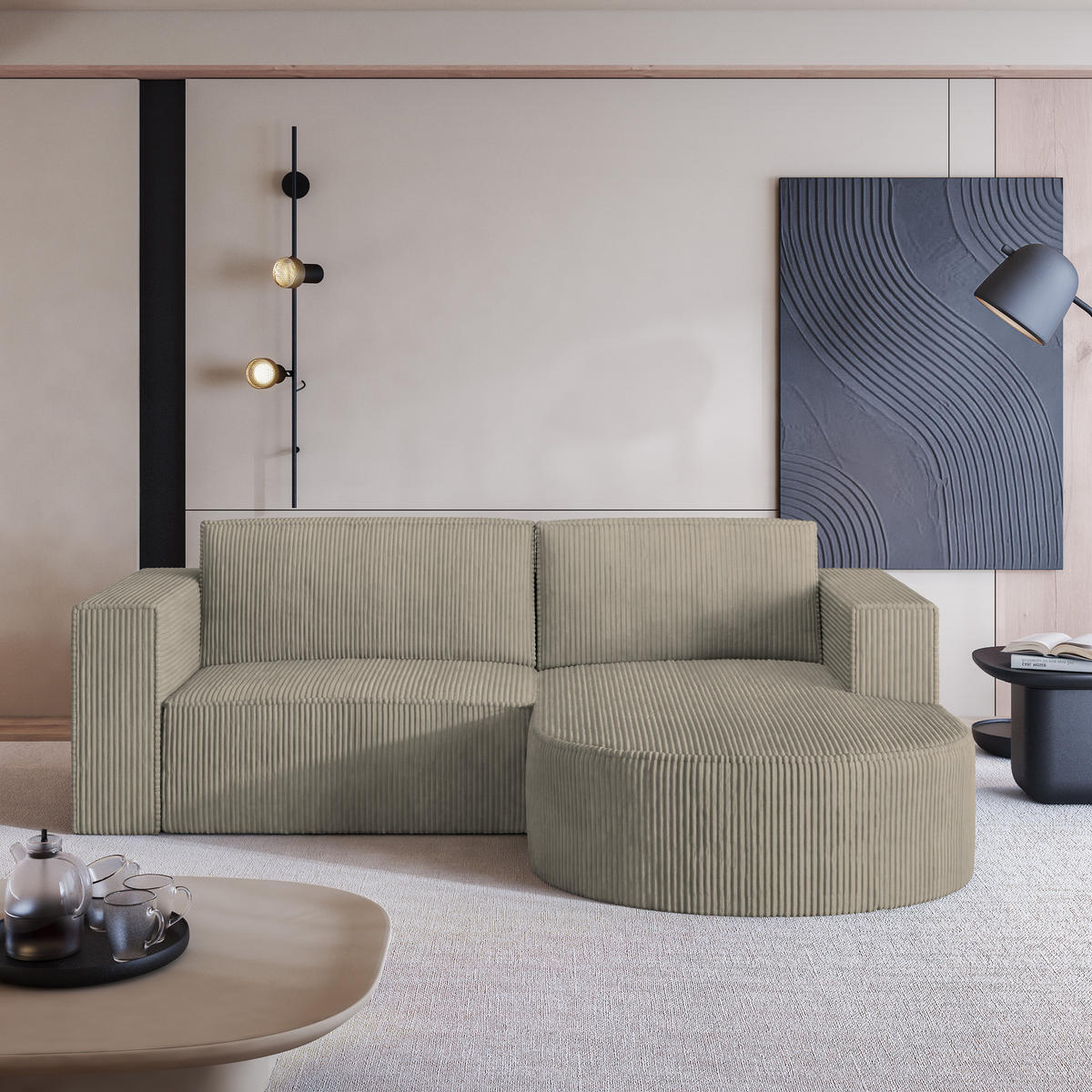 ECKSOFA SORELA P R-S Beige Kordstoff mit Schlaffunktion - Beige, Holz (263/174cm) - MASSENO