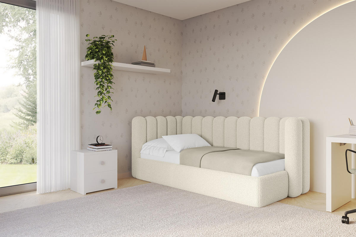 EINZELLBETT Jugendbett mit Bettkasten und Matratze H3/H4, Rechts - HUGY 90x200 Beige - Perlmutt, Holzwerkstoff/Textil (90/200cm) - ALTDECOR
